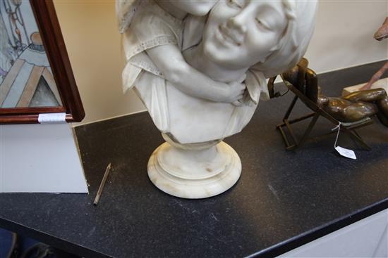 Emilio Fiaschi (1858-1941) A carved alabaster bust of a girl hugging her mother, height 25in.